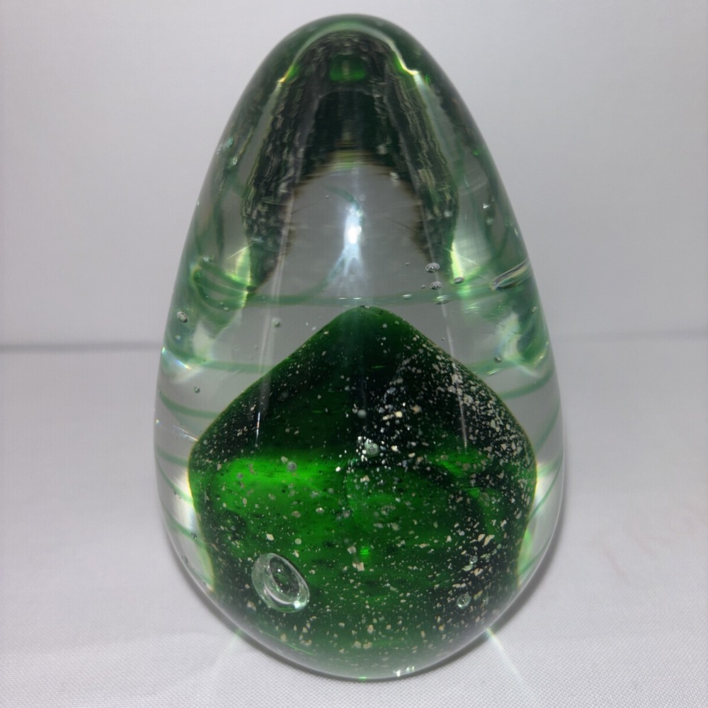 Hand Blown Glass Paperweight Egg-Shape Green Solid Core Swirl Controlled Bubble
